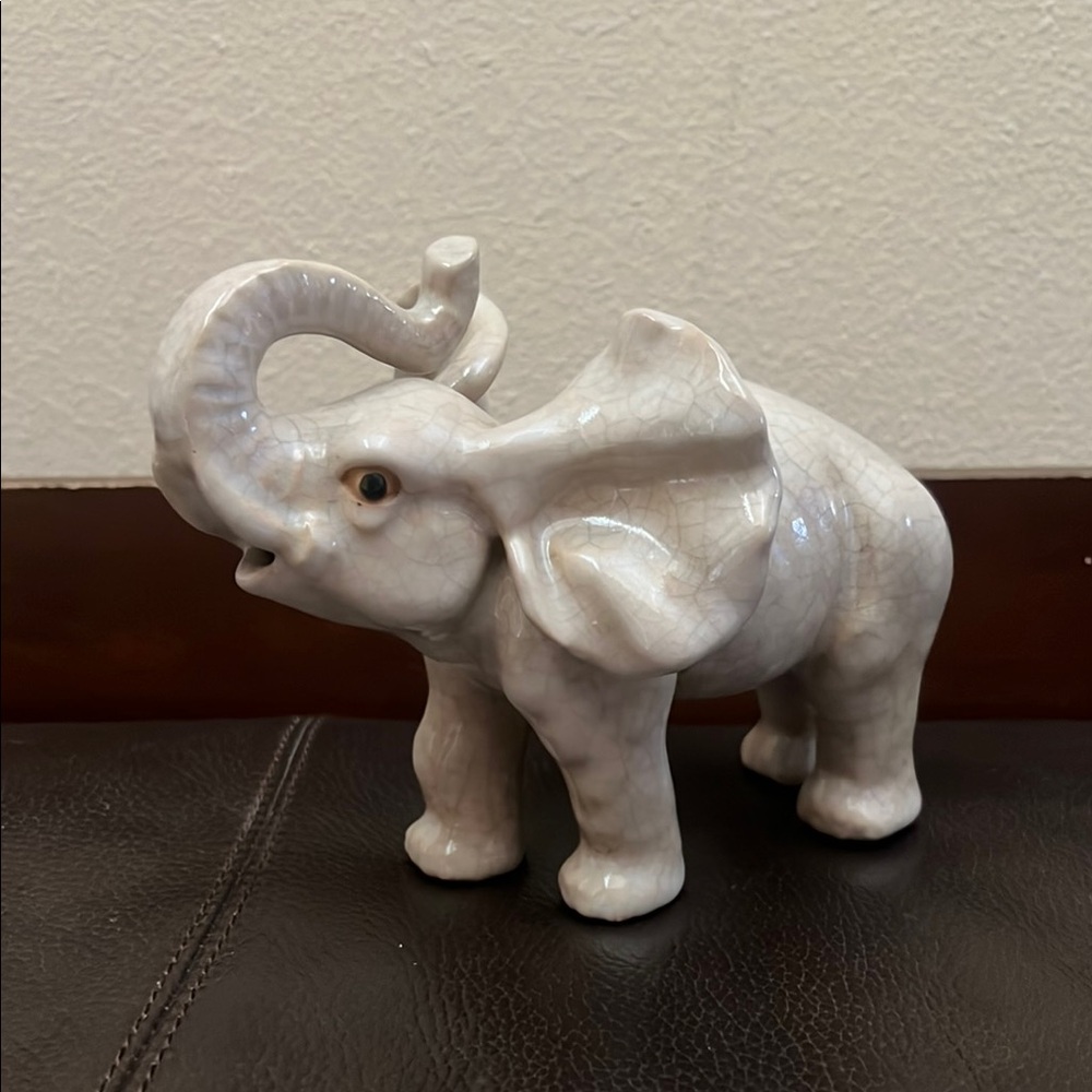 Vtg Elephant Crackle Glazed Ceramic Figurine Trunk Up